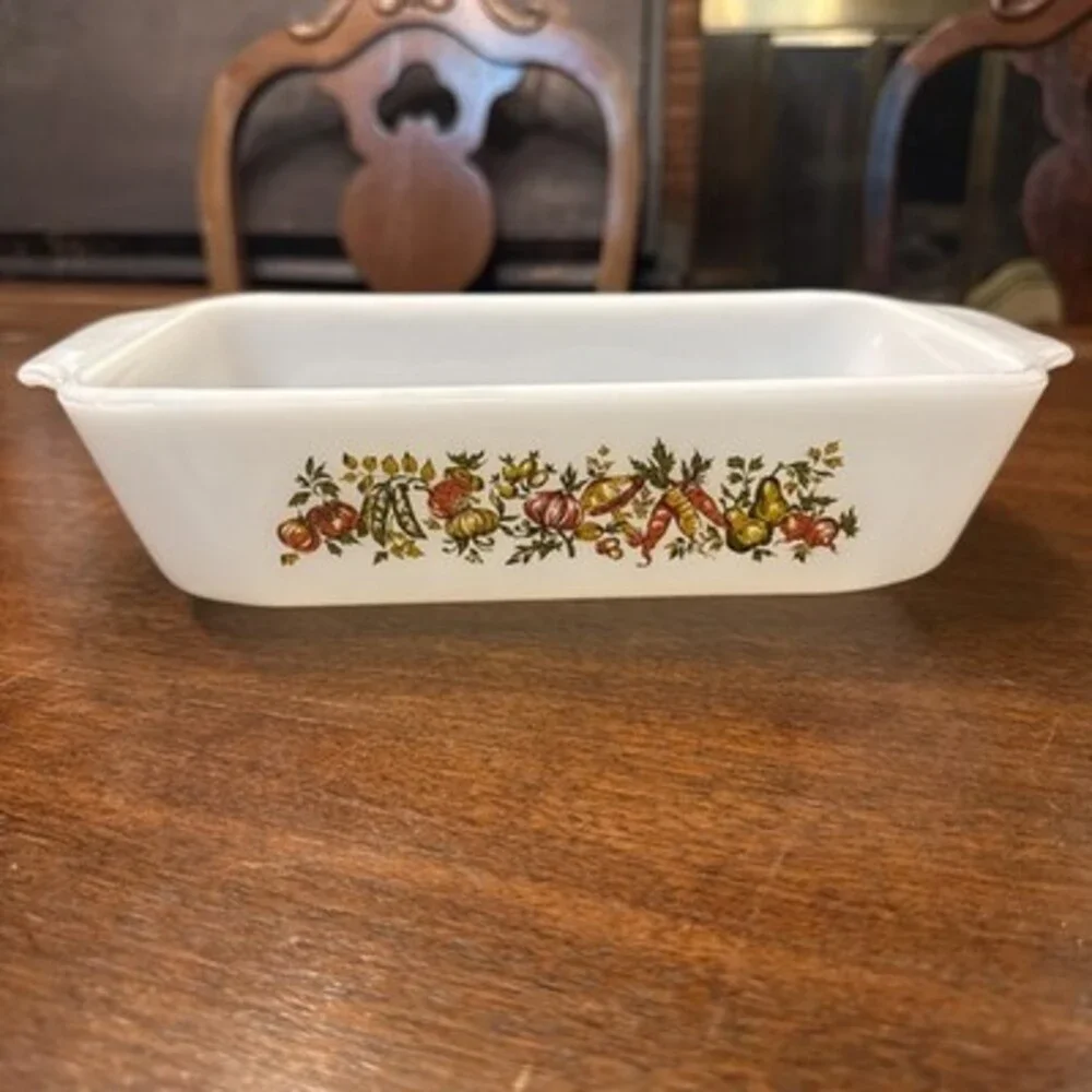 Vintage Anchor Hocking 441 Loaf Pan Baking Dish Vegetable Harvest Pattern 5x9